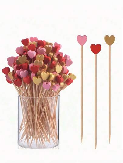 100pcs Valentine's Day Heart-Shaped Disposable Bamboo Skewers, Creative Art Cocktail Toothpicks Sandwich Picks Fruit Picks, Suitable For Holiday Party Supplies