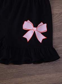 2pcs/Set Girls Casual Bow Decor Printed T-Shirt And Shorts Outfit, Outdoor Suit For Spring/Summer