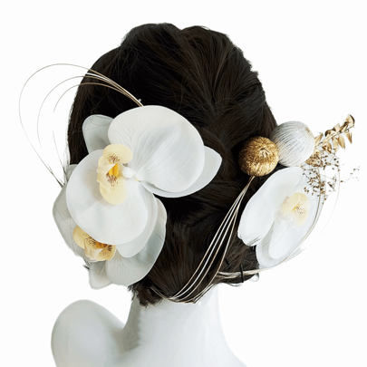 9pcs Phalaenopsis Orchid Hair Accessories, Adult Ceremony Hair Ornament, Japanese Yukata & Furisode Hair Decor, Wedding Kimono Hair Clips, White Baby's Breath, Gilded Hair Clips, Mizuhiki Cord, Full Set For Coming-Of-Age Ceremony