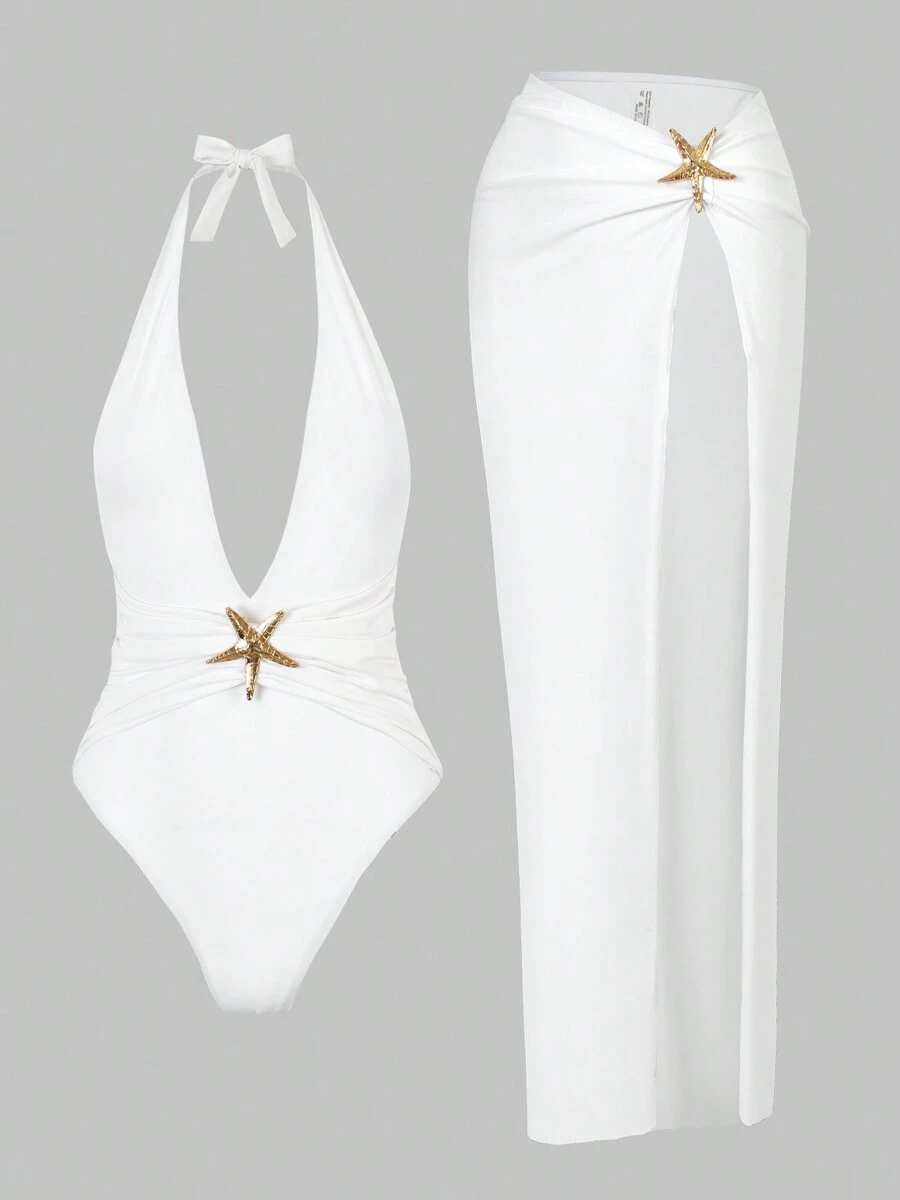 Allurini Einteiler Badeanzug mit Seestern-Träger und hochgeschlitztem Cover-Up-Rock für elegante Frauen, für eleganten Sommerurlaub am Strand