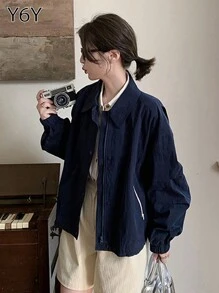 Y6Y 休闲简约立领拉链短夹克外套，女士时尚百搭修身上衣外套，适合秋冬季 - 藏藍色 - 查看 9