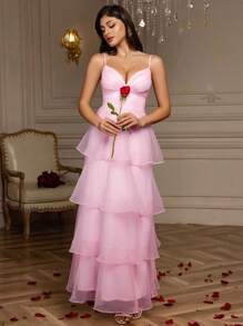 Frühlings- und Sommer A-Linien Kleid mit rosa Organzabändern, romantisches Valentinstagkleid, Geburtstagsparty-Kleid, mehrlagiger Kuchensaumrock, geeignet als Abschlussballkleid, kann auch für Strandurlaub, Lässig, Geburtstagsfeiern und als Hochzeitsgast-Kleid getragen werden