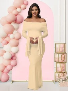 Maternity Long Sleeve Solid Color Off-Shoulder Dress For Baby Shower Photoshoot Party - 杏色 - 查看 6