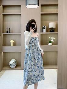 RUIWY 2pcs Spring Women Fashion Elegant Apricot Knitted Sweater & Bowknot Print Blue Dress Set - Blue - View 10