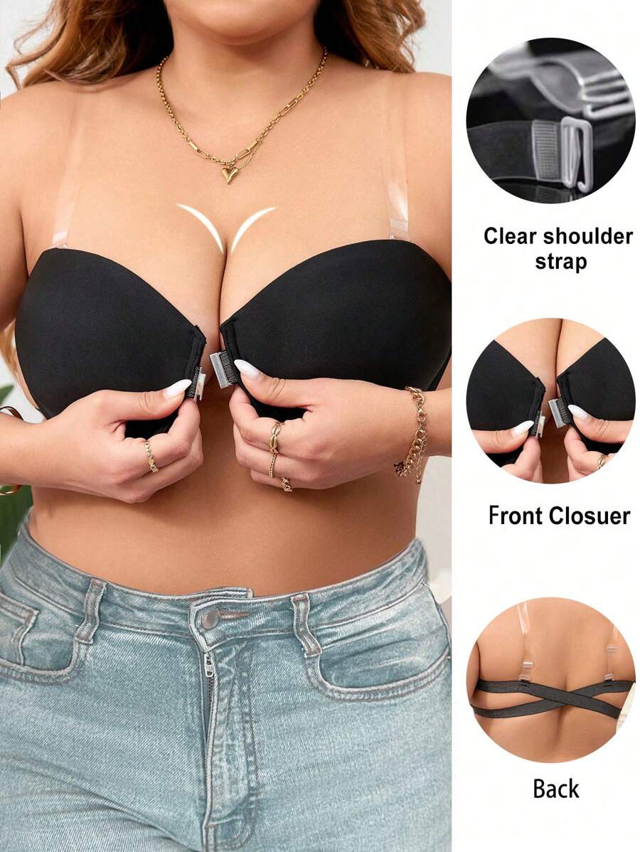 Plus Size Strapless Front-Closure Bra With Criss-Cross Back Design, Underwire, Comfortable Lingerie - Black - View 1