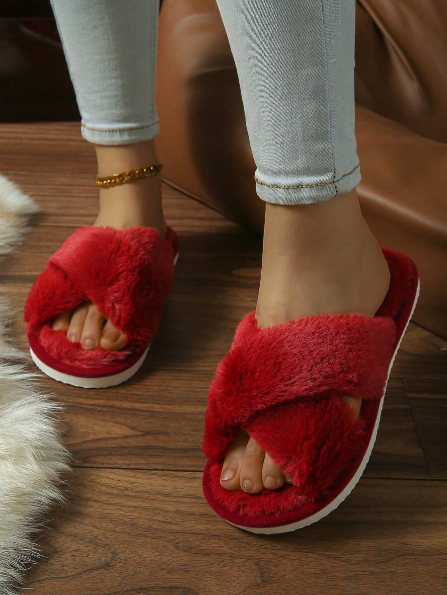 Zapatillas de estar por casa de mujer suaves y esponjosas para otoño/invierno, zapatillas de dormitorio de tela de ante con decoraciones, zapatillas de estar por casa rojas con cruce y esponjosas y cómodas, zapatillas navideñas, atuendos de Año Nuevo
