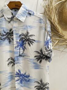 Floral Hawaiian Beach Shirt Summer Men's Short Sleeve Button Down 100% Viscose Fabric Shrinks A Little - 藍白色 - 查看 2