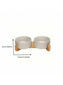 Ceramic Cat/Dog Bowl With Anti-Slip Wooden Stand, Elevated Pet Food & Water Bowl, Round Pet Feeding Bowl, Dishwasher , Easy To Clean
