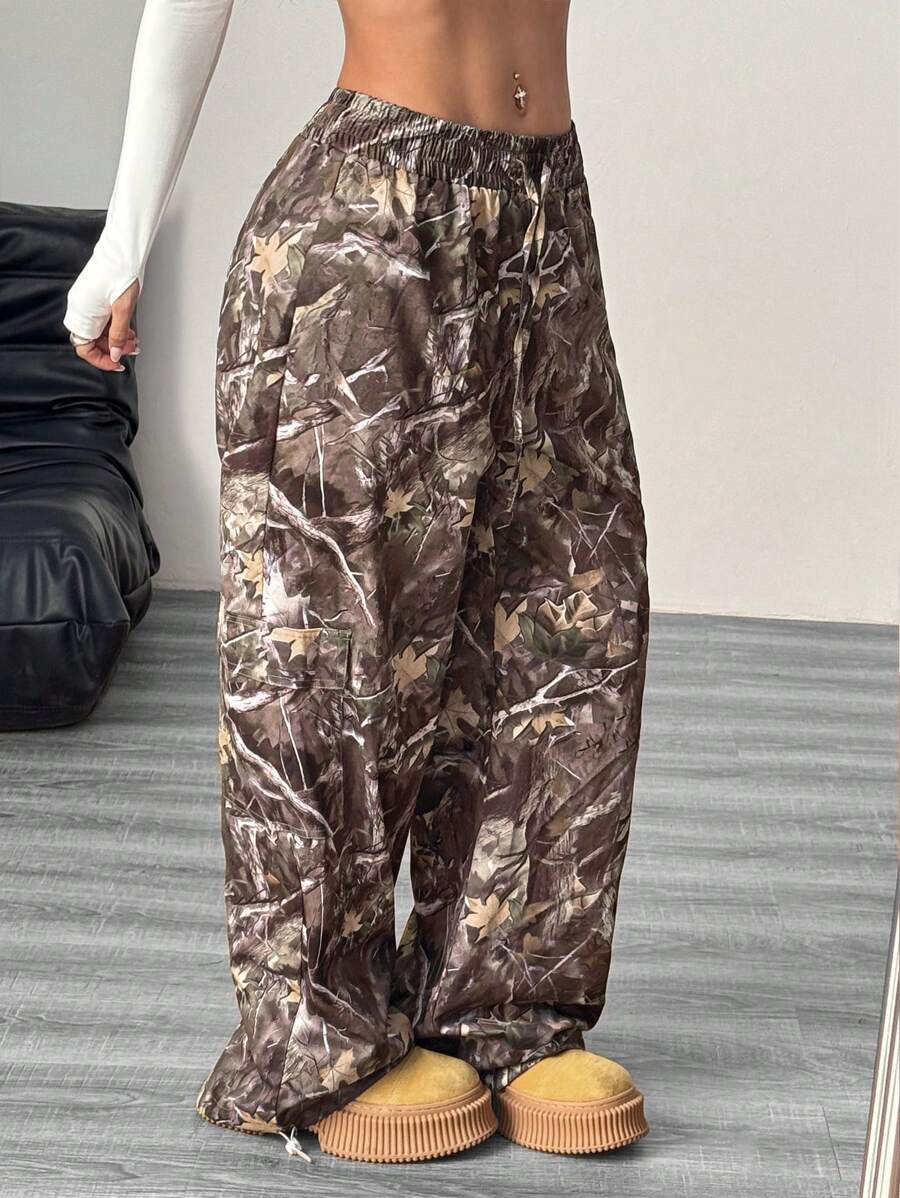 Y2K 风格弹性腰部复古休闲印花降落伞裤，四季皆宜 - 棕色 - 查看 1
