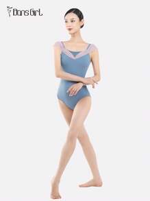 DonsGirl 1pc Women's Off-Shoulder Mesh Ruched Front Ballet Leotard, Sweet & Slim Fit Princess Style Jumpsuit - Blue - View 3