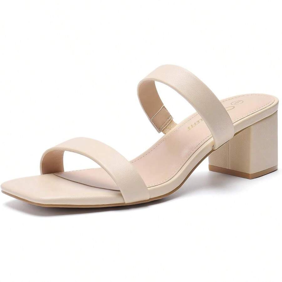 Athlefit Stylish Women's Two Strap Open Toe Heels Sandals Chunky Block Comfortable Slip On Low Heel Dress Shoes - Nude - View 1