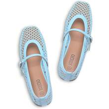 Ballet Flats For Women Comfortable Square Toe Ballerina Flats Buckle Strap Casual Fishnet Flat Shoes - 藍色 - 查看 6