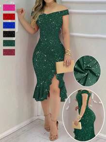 Spring/Summer Off-Shoulder Sexy Solid Color Thigh-High Slit Elegant Ruffle Sequin Print Party Glitter Dress, Lightweight And Breathable - Green - View 2
