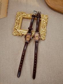 1 pieza Reloj de mujer vintage, elegante y casual, con correa color café, esfera con forma de barril y subreloj, estilo británico retro, reloj de cuarzo de lujo con cristales, para uso diario