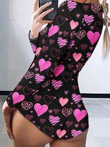 Womens Long Sleeve Valentine Day Jumpsuit Bodycon V Neck Heart Lip Print Button Down Short Romper Indoor Sleepwear