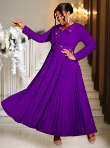 加大码春季紫色复活节长褶女式不对称亮片领高腰场合生日华丽连衣裙，适合节日派对、婚礼宾客礼服、舞会礼服