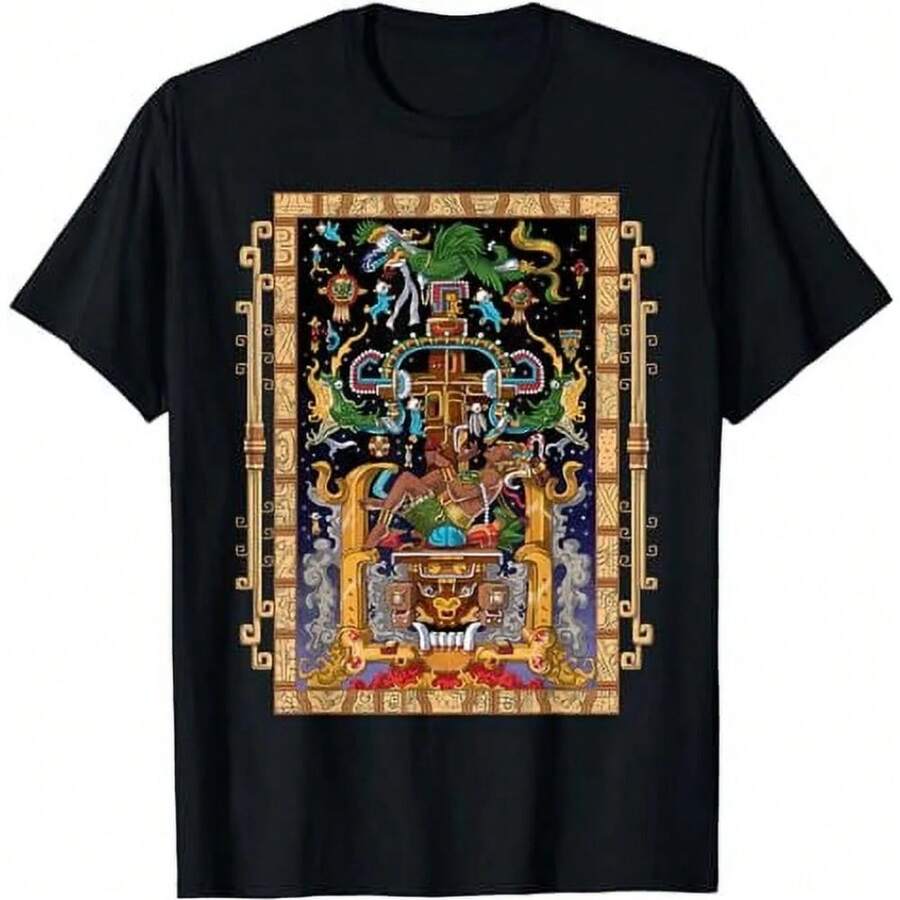 Camiseta de manga corta de verano, camiseta unisex con diseño del rey Pakal, dios de la civilización maya antigua y mitología - Negro - Ver 1