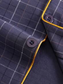 [PONX]2pcs/Set Men Open Front Short Sleeve Pajamas Top And Long Pants, Breathable Moisture-Wicking Home Suit - Navy Blue - View 7