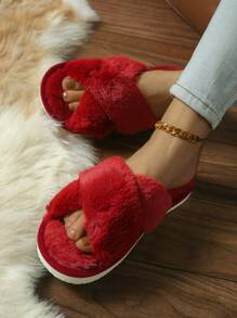 Zapatillas de estar por casa de mujer suaves y esponjosas para otoño/invierno, zapatillas de dormitorio de tela de ante con decoraciones, zapatillas de estar por casa rojas con cruce y esponjosas y cómodas, zapatillas navideñas, atuendos de Año Nuevo