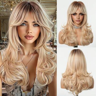 Tóc giả dài 24 inch, kiểu gợn sóng, có mái, chân tóc tối màu, màu nâu ombre vàng nâu, chất liệu tổng hợp chịu nhiệt, phù hợp cho sử dụng hàng ngày, dự tiệc, cosplay và nhiều dịp khác.