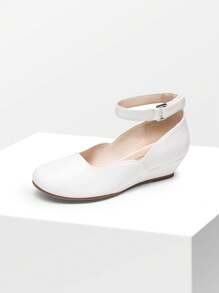 Girls Wedding Shoes | Dress Flats With Low Wedge Heel & Flower Ankle Strap For Toddler To Big Kid - trắng - Xem 4