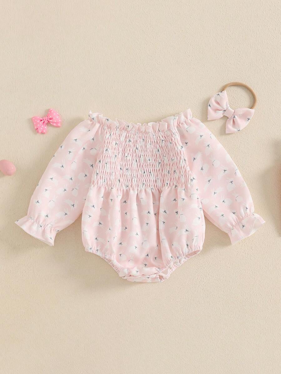 Baby Girls Rompers Easter Clothes Rabbit Print Long Sleeve Infant Bodysuits Jumpsuits With Headband - Pink - View 1