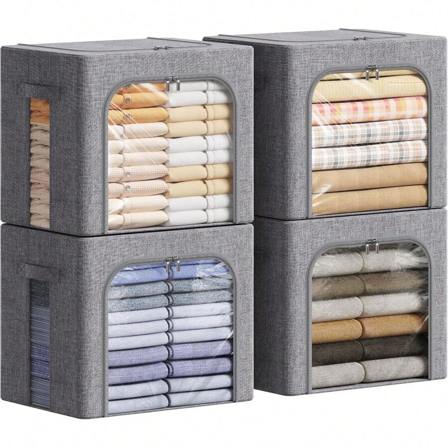 Contenedores de Almacenamiento de Ropa con Marco de Metal, Caja de Almacenamiento Apilable, Cplegables Organizadores de Armario y Almacenamiento, Paquete de 4, 40L, Gris Claro - 4 - Ver 1