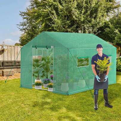  VA-Cerulean Garden Greenhouses Made Of Galvanized 3 X 2 X 2 M / 4.5 X 2 X 2 M Greenhouse Film Greenhouse With Tunnel Door And Mesh Window For Garden Plant Cultivation, Green