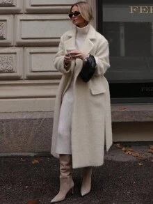 Women's Casual Woollen Cloth Solid Long Coat Spring Autumn Winter Long Jacket Warmth Tops Overcoat - White - View 5