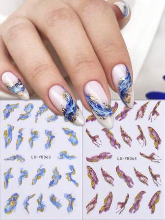 2Pcs Valentine's Day 3D Marble Nail Stickers, Self-Adhesive Blue Self-Set Gilding Wavy Lines, Marble Smoke Design, Nail Art Decoration Ladies DIY Nail Supplies