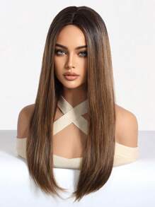 Elegant 22-Inch Mid-Section Brown Long Straight Synthetic Heat-Resistant Fiber Wig Women's Wig Perfect For Holiday Party Everyday Wear - Brown - View 5