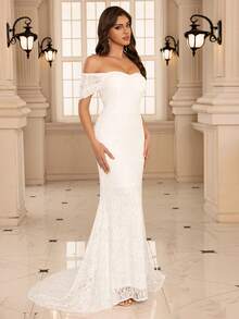 蕾丝花朵鱼尾下摆露肩婚纱，新娘 - 白色 - 查看 5