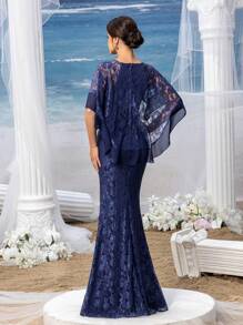 Faeriesty Mosy Elegant Mermaid Hem Lace Cape Dress Formal Dress Mother Of The Bride Dress - Navy Blue - View 3