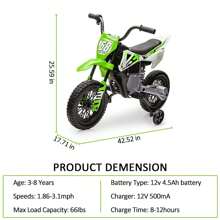 Danolapsi 12V Electric Dirt Bike,Kids Electric Motorcycle,Ride On Motorcycle With Twist Grip Throttle,Training Wheels,Spring Suspension,Ride On Toys For Boys & Girls Over 37 Months - màu xanh lá - Xem 3