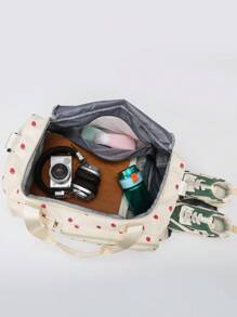 1pc Strawberry Print Corduroy Large Capacity Multi-Function Luggage Bag With Separate Wet Dry Compartment And Shoe Compartment, Suitable For Vacation, Outing, Campus, Gym, Shoulder Bag Bag For School School Accessories School Stuff