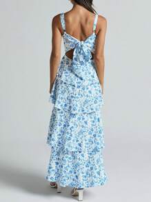 Women's Spaghetti Strap Sleeveless Ruffle Tiered Floral Maxi Dress For A Summer Romance - 藍色 - 查看 4
