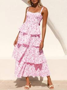 Women's Spaghetti Strap Sleeveless Ruffle Tiered Floral Maxi Dress For A Summer Romance - 粉色 - 查看 1