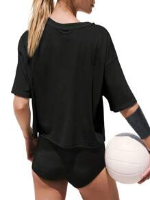 KAHULE Tshirts For Women Round Neck Drop Shoulder Oversized Crop Tops Workout Tops Tees - Black - View 2