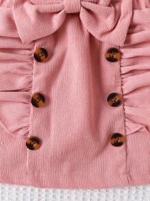 3 件套女婴优雅套装：心形刺绣休闲短袖上衣、荷叶边和大蝴蝶结装饰裙、粉色发带 - 粉色 - 查看 8