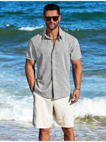 Men's Plain Casual Short Sleeve Open Front Shirt - Grey - View 3