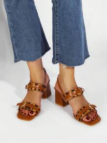 Sandales à talons hauts femme réglables à boucle avec imprimé léopard, sandales d'été stylées pour femmes - Camel - Voir 1