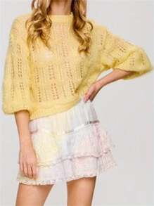 Ladies Autumn Winter Solid Color Back Tie Hollow Out Sweater, Elegant Casual Soft Loose Fit Pullover Suitable For Fashionable Travel Club Gathering.