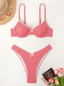 2024 年夏季新款欧美风女式格子高腰比基尼套装，性感时尚 - 紅色 - 查看 6