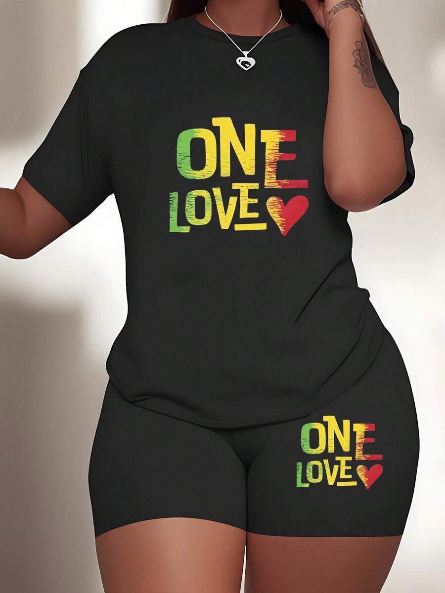 Plus-Size Women'S Short-Sleeve And Shorts Set With ONE LOVE Colored Letters Print, Featuring No Pockets And Stretchy Fabric, Machine Washable. - 黑色 - 查看 1