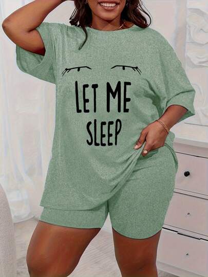 Plus Size Casual Outfit Set, Featuring Eye & Slogan Print Dropped Shoulder Short Sleeve Round Neck T-Shirt And Shorts Pajama Set, Suitable For Outdoor, Vacation, Spring & Summer, Christmas