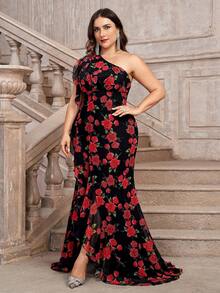 Plus Size One-Shoulder Jacquard Maxi Prom Dress, Party Dress, Wedding Guest Dress