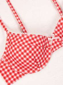 2024 年夏季新款欧美风女式格子高腰比基尼套装，性感时尚 - 紅色 - 查看 8