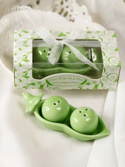 1 pieza Juego de salero y pimentero "Dos guisantes en una vaina" de cerámica, 12 cm/4.72 pulgadas, caja de regalo linda, decoración elegante del hogar, regalo de boda, accesorio de cocina