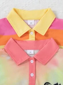 2pcs/Set Girls Casual Cartoon Printed Short Sleeve V-Neck Knee-Length Dress For Summer - Multicolor - View 3