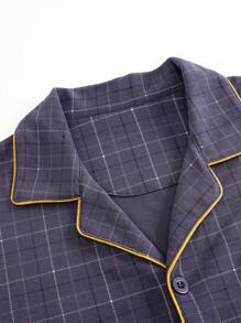 [PONX]2pcs/Set Men Open Front Short Sleeve Pajamas Top And Long Pants, Breathable Moisture-Wicking Home Suit - Navy Blue - View 4